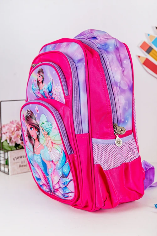 شنطة ظهر مدرسية بناتي لون وردي مزينة برسومات كرتونية ملونة و بجيوب متعددة