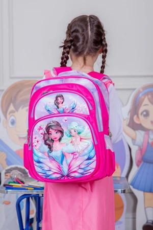 شنطة ظهر مدرسية بناتي لون وردي مزينة برسومات كرتونية ملونة و بجيوب متعددة