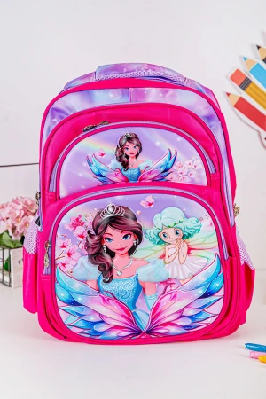 شنطة ظهر مدرسية بناتي لون وردي مزينة برسومات كرتونية ملونة و بجيوب متعددة