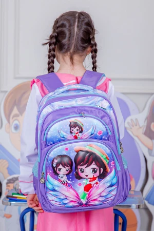 شنطة ظهر مدرسية بناتي لون موف مزينة برسومات كرتونية ملونة و بجيوب متعددة