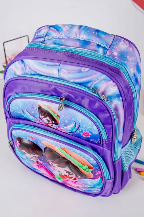 شنطة ظهر مدرسية بناتي لون موف مزينة برسومات كرتونية ملونة و بجيوب متعددة