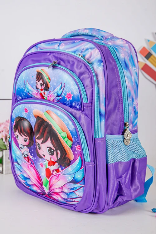شنطة ظهر مدرسية بناتي لون موف مزينة برسومات كرتونية ملونة و بجيوب متعددة