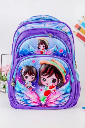 شنطة ظهر مدرسية بناتي لون موف مزينة برسومات كرتونية ملونة و بجيوب متعددة