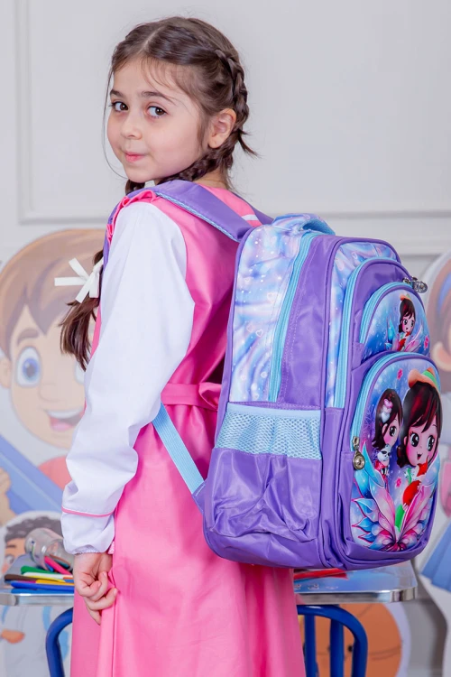 شنطة ظهر مدرسية بناتي لون موف مزينة برسومات كرتونية ملونة و بجيوب متعددة