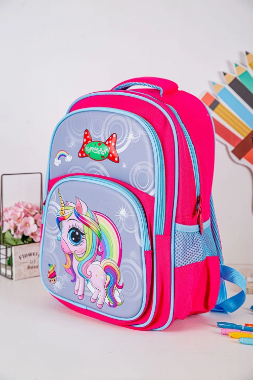 شنطة ظهر مدرسية بناتي لون وردي مزينة بشخصية يونيكورن كرتونية و بجيوب متعددة