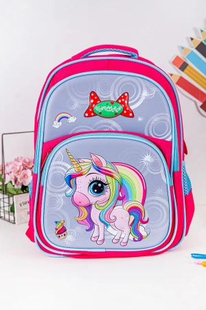 شنطة ظهر مدرسية بناتي لون وردي مزينة بشخصية يونيكورن كرتونية و بجيوب متعددة
