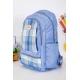 شنطة ظهر مدرسية لون سماوي مزينة بقماش مربعات من الأمام و بجيوب متعددة
