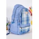 شنطة ظهر مدرسية لون سماوي مزينة بقماش مربعات من الأمام و بجيوب متعددة
