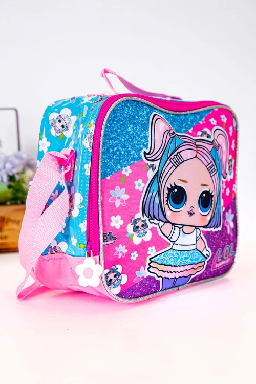 شنطة طعام بناتي لون وردي و سماوي مزينة بشخصية لول الكرتونية