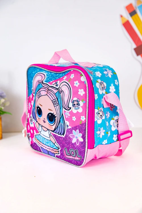 شنطة طعام بناتي لون وردي و سماوي مزينة بشخصية لول الكرتونية