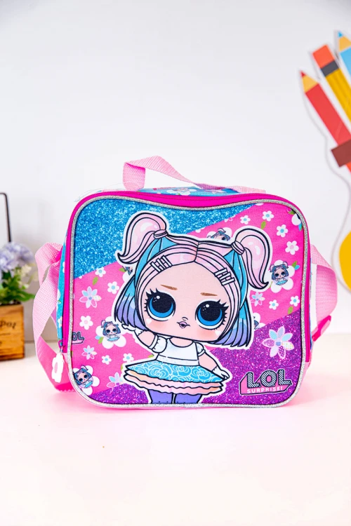شنطة طعام بناتي لون وردي و سماوي مزينة بشخصية لول الكرتونية