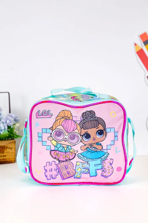 شنطة طعام بناتي لون وردي و تركواز فاتح مزينة بشخصية لول الكرتونية