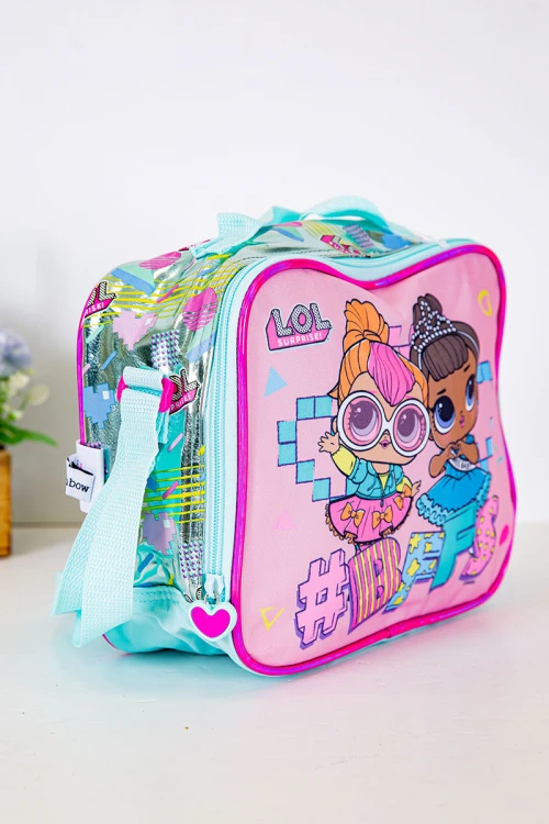 شنطة طعام بناتي لون وردي و تركواز فاتح مزينة بشخصية لول الكرتونية
