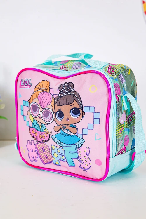 شنطة طعام بناتي لون وردي و تركواز فاتح مزينة بشخصية لول الكرتونية