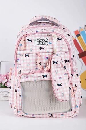 شنطة ظهر مدرسية بناتي متعدد الألوان مزينة برسومات ملونة و بجيوب متعددة مع مقلمة