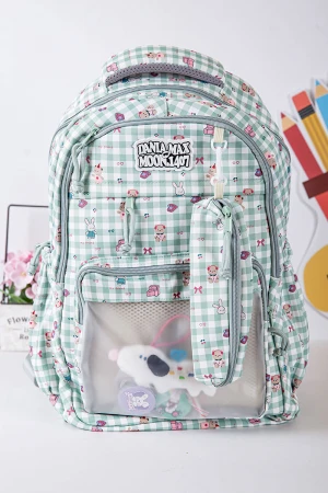 شنطة ظهر مدرسية بناتي متعدد الألوان مزينة برسومات ملونة و بجيوب متعددة مع مقلمة