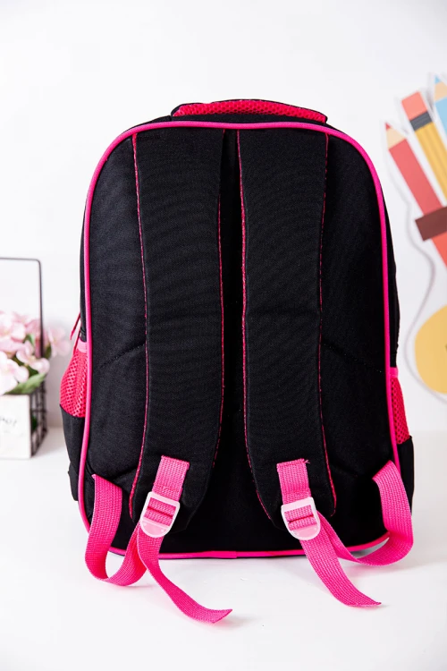 شنطة ظهر مدرسية بناتي لون أسود بحواف وردية مزينة برسومات ملونة و بجيوب متعددة