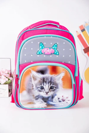 شنطة ظهر مدرسية بناتي لون وردي بحواف سماوي مزينة برسومات ملونة و بجيوب متعددة