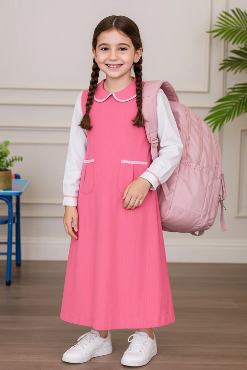 مريول بناتي مدرسي لون وردي مع قميص أبيض متصل بياقة مطوية و جيوب من الأمام و سحاب و رباط في الخلف