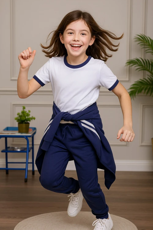 طقم رياضي بناتي مدارس 3 قطع لون كحلي تيشيرت أبيض داخلي و جاكيت ذو أكمام طويلة بسحاب و جيوب من الأمام و بنطلون برباط و زم من الأسفل