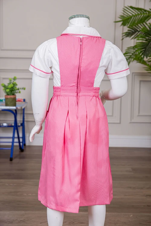 مريول مدرسي بناتي قطعتين لون وردي ياقة قصة سبعة بخصر مزموم