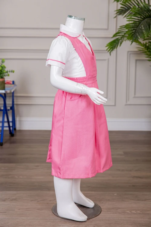 مريول مدرسي بناتي قطعتين لون وردي ياقة قصة سبعة بخصر مزموم