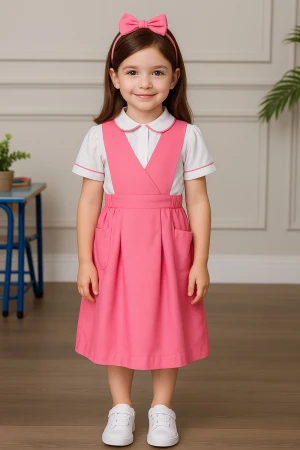 مريول مدرسي بناتي قطعتين لون وردي ياقة قصة سبعة بخصر مزموم 