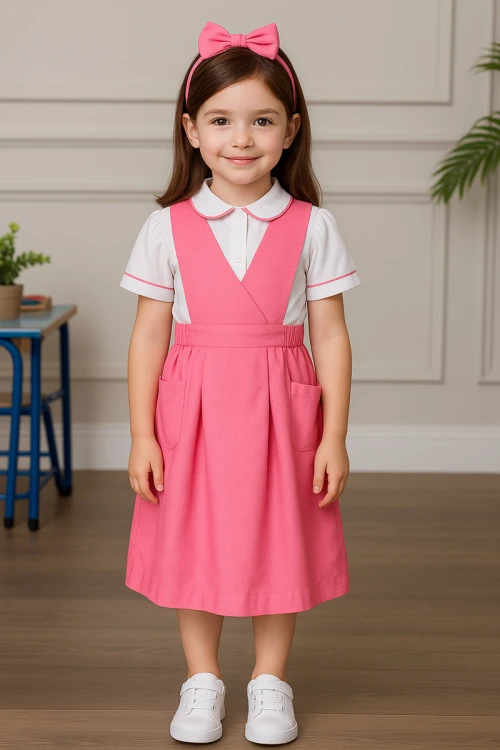 مريول مدرسي بناتي قطعتين لون وردي ياقة قصة سبعة بخصر مزموم