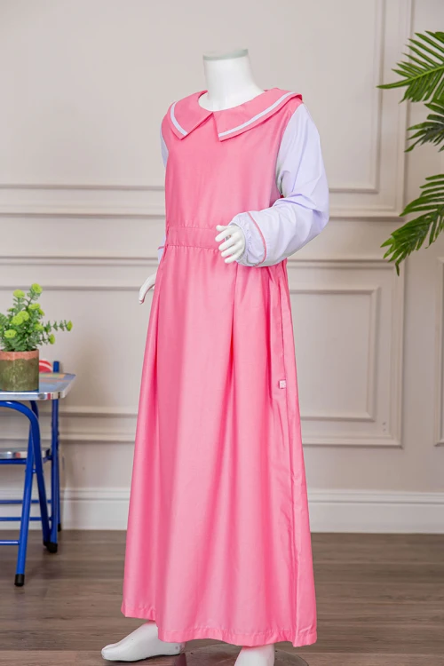 مريول بناتي مدرسي لون وردي مع قميص أبيض متصل بياقة مطوية و بخصر مزموم و سحاب من الخلف