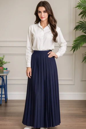 مريول بناتي مدرسي مرحلة الثانوي قطعتين قميص أبيض بياقة مطوية و بأزرار من الأمام و الأكمام و تنورة لون كحلي بكسرات و خصر مزموم 