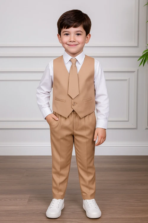 زي مدرسي ولادي 3 قطع قميص أبيض بياقة مطوية و أزرار من الأمام و الأكمام و بنطلون بيج