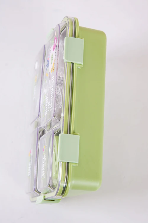 حافظة طعام مدرسية متعددة الألوان مقسمة و مزينة بكتابات و رسومات مع ملعقة و عيدان معدنية