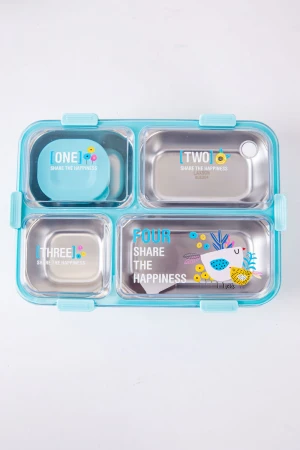 حافظة طعام مدرسية متعددة الألوان مقسمة و مزينة بكتابات و رسومات مع ملعقة و عيدان معدنية 