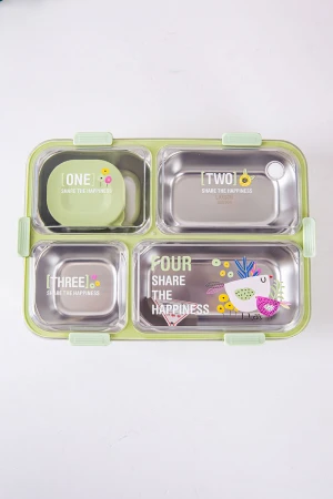 حافظة طعام مدرسية متعددة الألوان مقسمة و مزينة بكتابات و رسومات مع ملعقة و عيدان معدنية 