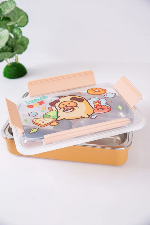 حافظة طعام مدرسية متعددة الألوان مقسمة و مزينة برسومات كرتونية مع ملعقة و شوكة بلاستيك
