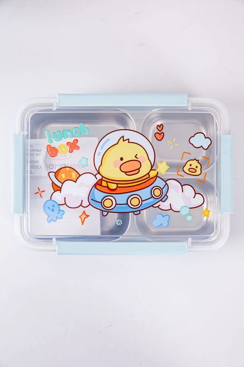 حافظة طعام مدرسية متعددة الألوان مقسمة و مزينة برسومات كرتونية مع ملعقة و شوكة بلاستيك