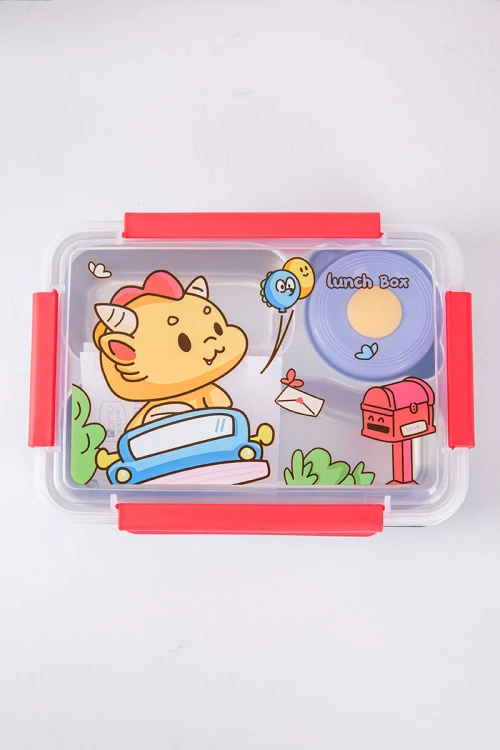 حافظة طعام مدرسية متعددة الألوان مقسمة و مزينة برسومات كرتونية مع ملعقة و شوكة بلاستيك