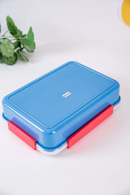 حافظة طعام مدرسية متعددة الألوان مقسمة و مزينة برسومات كرتونية مع ملعقة و شوكة بلاستيك