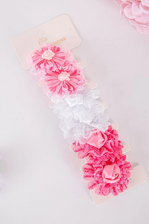 ربطة شعر 6 حبات على شكل ورود مزيج من اللون الوردي الفاتح و الغامق و الأبيض