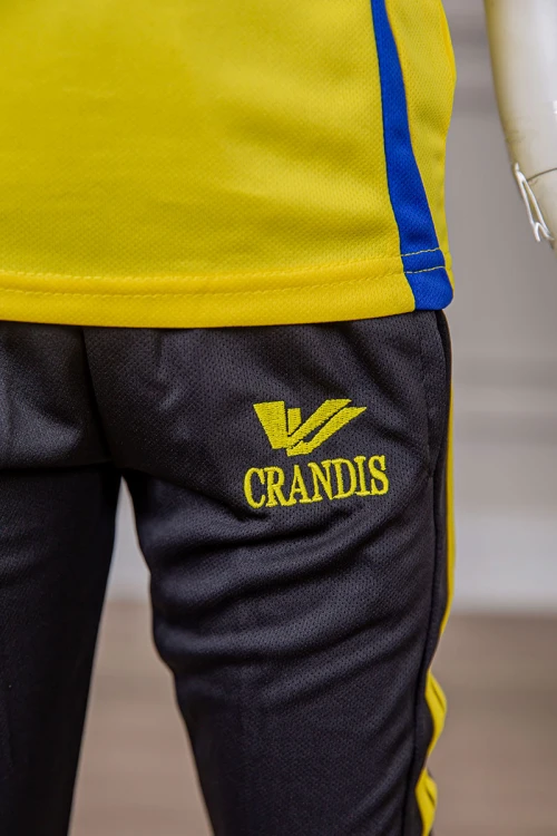 طقم ولادي رياضي قطعتين تيشيرت لون أصفر مقلم باللون الأزرق و بنطلون طويل لون أسود مخطط باللون الأصفر من الجانبين بجيوب و بزم من الأسفل