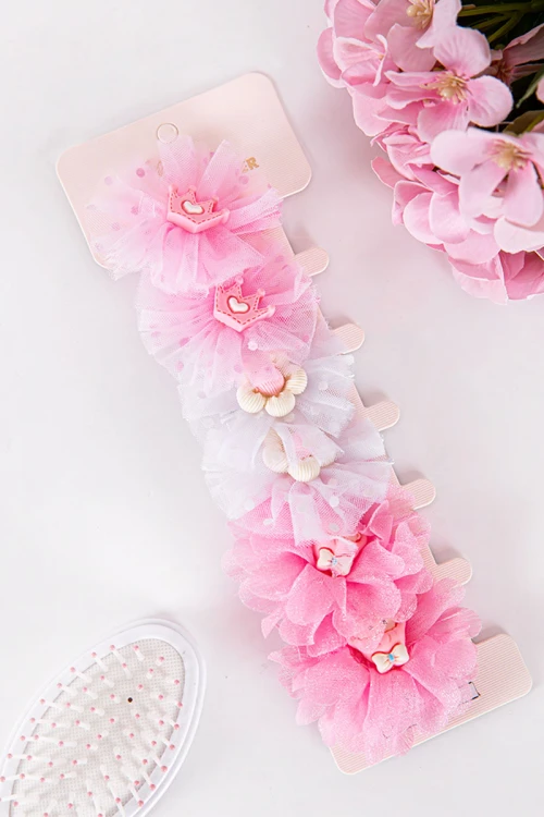 ربطة شعر 6 حبات على شكل ورود مزيج من اللون الوردي الفاتح و الغامق و الأبيض