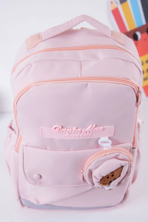 شنطة ظهر مدرسية بناتي لون وردي بجيوب متعددة مع محفظة دائرية