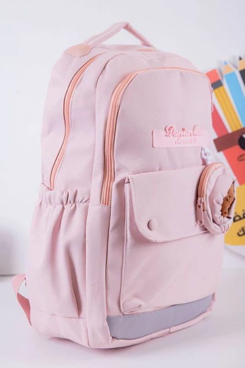 شنطة ظهر مدرسية بناتي لون وردي بجيوب متعددة مع محفظة دائرية