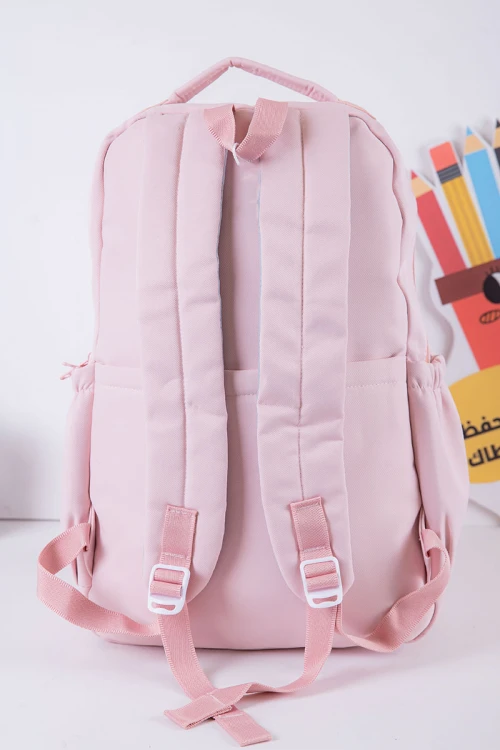 شنطة ظهر مدرسية بناتي لون وردي بجيوب متعددة مع محفظة دائرية