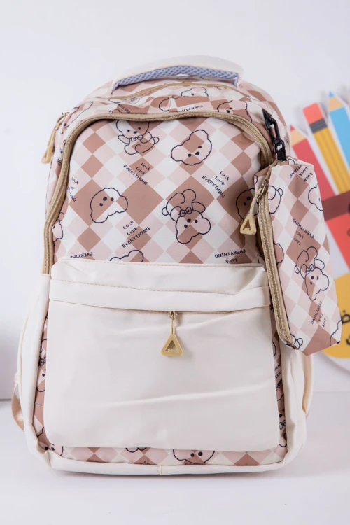 شنطة ظهر مدرسية بناتي لون بيج مزينة برسومات و كتابات بجيوب متعددة مع مقلمة