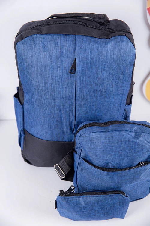 طقم شنط مدرسية 3 قطع لون أسود و أزرق بجيوب متعددة