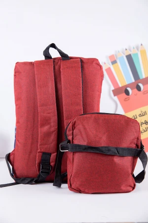 طقم شنط مدرسية قطعتين لون أحمر و كحلي مزينة برسومات كرتونية بجيوب متعددة