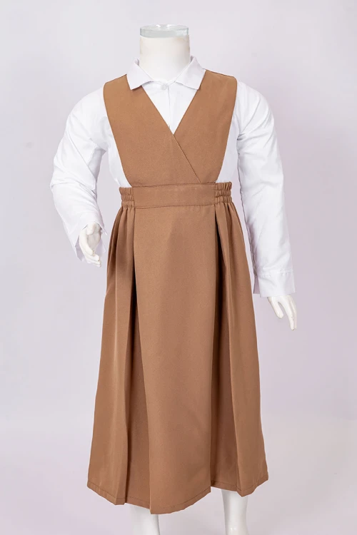 مريول مدرسي بناتي روضة لون بيج ياقة قصة سبعة بزم في الخصر و جيب من اليمين مع قميص أبيض ياقة مطوية  بأزرار من الأمام و بأكمام طويلة