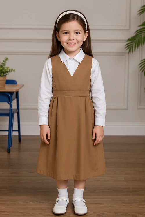 مريول مدرسي بناتي روضة لون بيج ياقة قصة سبعة بزم في الخصر و جيب من اليمين مع قميص أبيض ياقة مطوية  بأزرار من الأمام و بأكمام طويلة