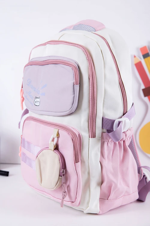 شنطة ظهر مدرسية متعددة الألوان بجيوب متعددة مع محفظة دائرية